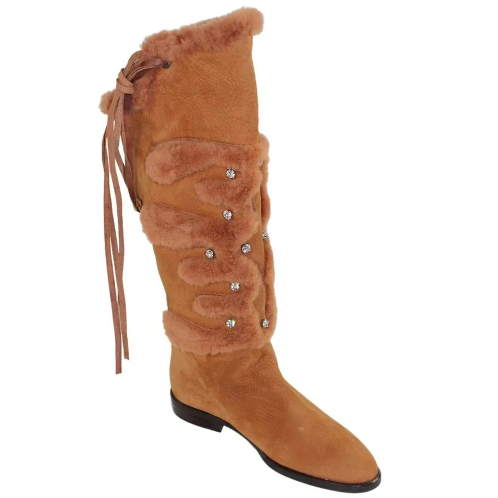Russell & Bromley Rust Brown Leather Shearling Stud Accent Tall Boot, Size 36.5